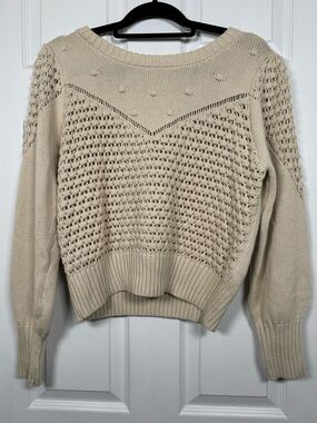Lucky Brand Cream Knit Sweater Boho Textured Balloon Sleeve